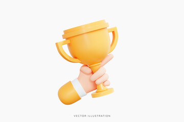 3D Hand holding Trophy cup. Business success concept. 1st place award. Character with gold reward. Victory prize icon isolated on white background. Cartoon creative design. 3D Vector illustration