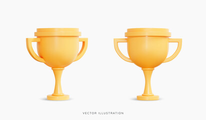 3D Golden Winner Trophy icon set in different view. Champion cup. 1st place award in sports and football. Victory success concept. Cartoon icons isolated on white background. 3D Vector illustration