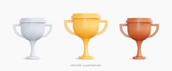 3D Golden, silver and bronze Trophy icon set. Champion cup. 1st, place award in sports and football. Victory success concept. Cartoon icons isolated on white background. 3D Vector illustration