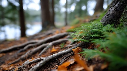 Obraz premium Forest floor view, tree roots, ferns, and fallen leaves in a blurred, natural scene