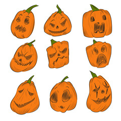 Unique collection of hand-drawn Halloween pumpkins showcasing various expressions and emotions in vibrant autumn colors
