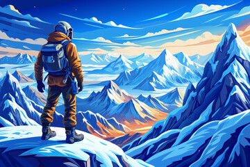 Panoramic view of mountaineer standing on snowy mountain peak, alpine landscape vector, adventure scene, success concept, winter nature, climbing, outdoor exploration, breathtaking summit view