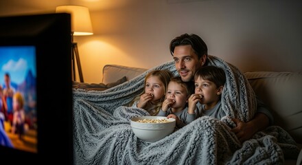 A cozy family, including a father and two kids, huddled together under a giant blanket on a sofa, eating popcorn while watching a movie.