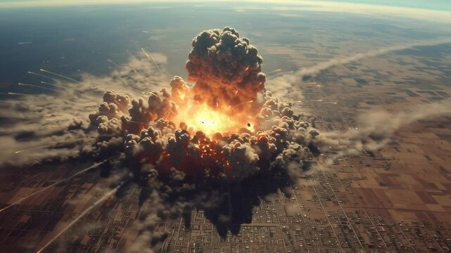 A large explosion is seen in the sky above a city. The explosion is so large that it can be seen from miles away. The sky is filled with smoke and debris, and the city below is in ruins