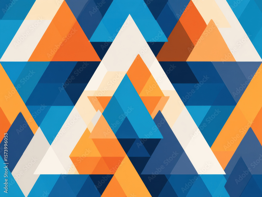 Poster abstract geometric pattern featuring overlapping triangles in shades of blue, orange, and white, cre