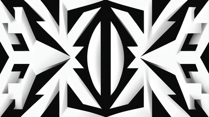 Abstract black and white geometric pattern with sharp angles and symmetrical design creating a visually striking optical illusion effect.