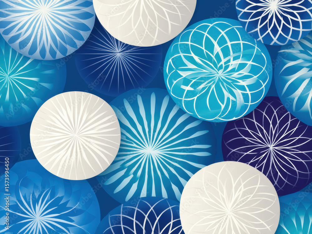 Poster abstract circular patterns in shades of blue and white create a visually striking, modern design wit
