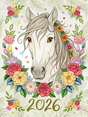2026 Cute Horse Line Art – Floral Outline Clipart, Ultra Detailed Grid Pattern | Printable for Calendars, Notebooks, Commercial Use