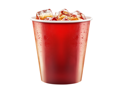 Iced soda in glossy red cup isolated on transparent background