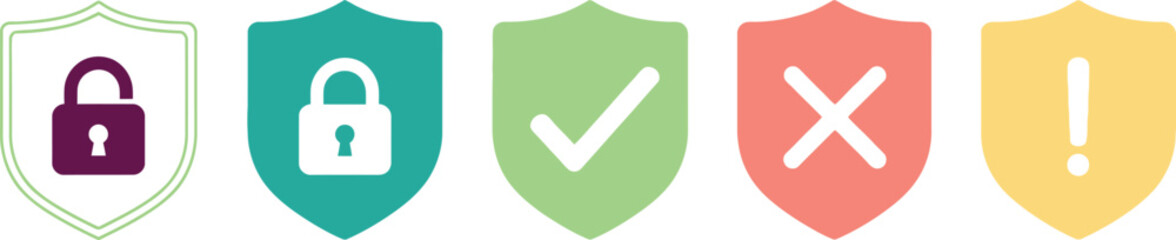 Obraz premium Five shields with different symbols representing security and validation status