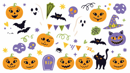 A cute, spooky Halloween seamless pattern features cartoon pumpkins, bats, and ghosts, perfect for an autumn holiday celebration design