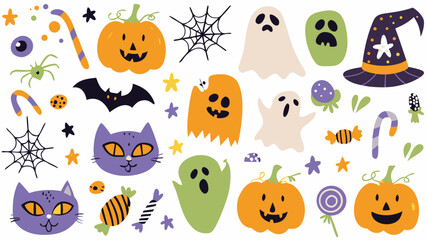 Funny cartoon animal heads and baby pumpkins form a seamless Halloween pattern vector illustration