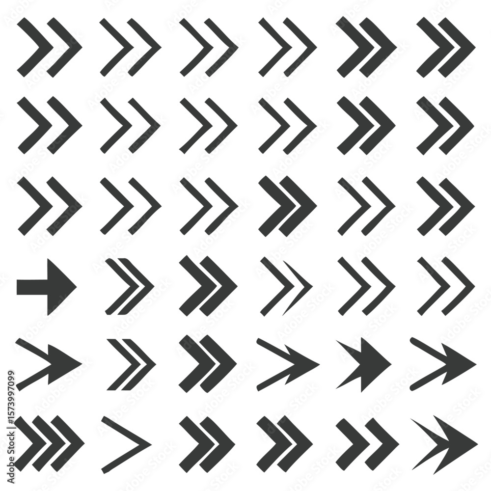 Aufkleber collection of diverse right-pointing arrow icons in various styles and arrangements on white backgro
