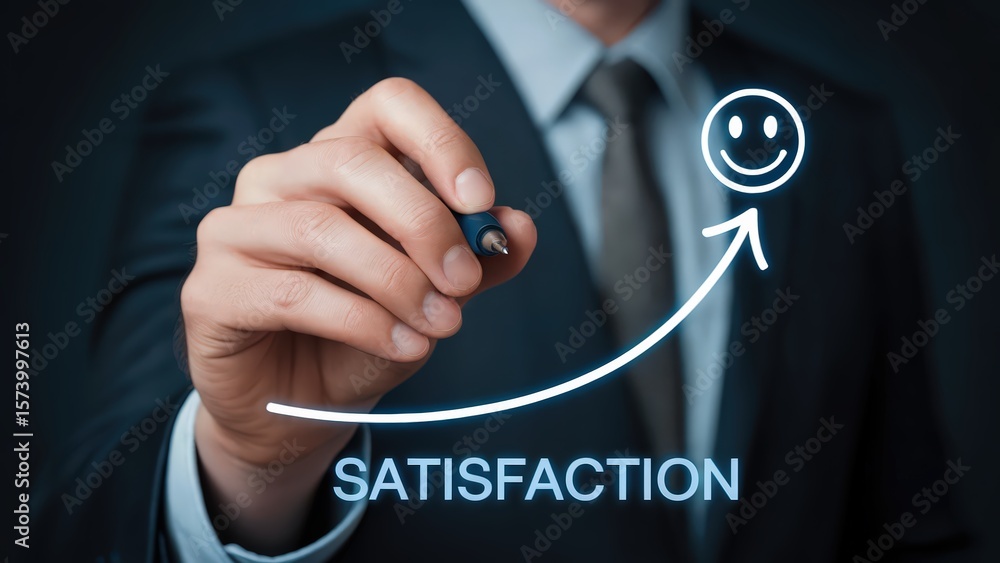 Poster businessman drawing a satisfaction arrow graph with a smiley face, showcasing improved customer deli
