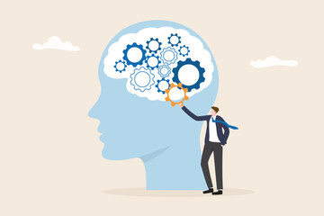 Creative and system thinking, solving problem skill, method analysis for solution success and resolution process concept. Human head with gear vector illustration.