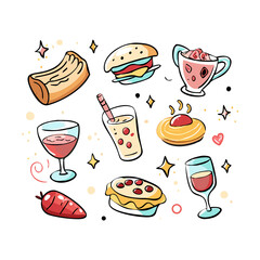 Set of cute food doodle elements vector. Hand drawn doodle collection of pizza, pasta, sausage, sandwich, wine, coffee, sparkle. Design for print, cartoon, wallpaper, restaurant, cafe, sticker. See Le