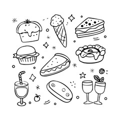 Set of cute food doodle elements vector. Hand drawn doodle collection of pizza, pasta, sausage, sandwich, wine, coffee, sparkle. Design for print, cartoon, wallpaper, restaurant, cafe, sticker. See Le