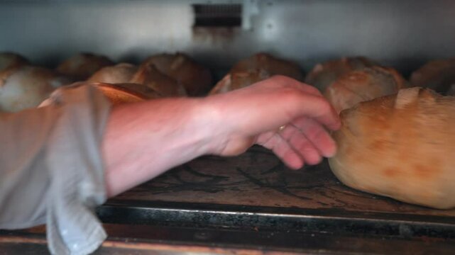 Close Up Of Male Baker Checking On Sourdough Loaves In Bakery Oven