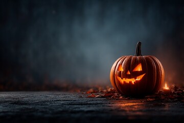 Landscape image of a Halloween pumpkin lantern (Jack-o'-lantern) with a glowing smile, placed on a blurred, dark, leaf-strewn path. 