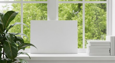 Blank Canvas Displayed on a Sunny Windowsill Beside Green Foliage and Stacked Books