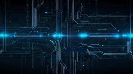 Futuristic digital background with neon blue gradients, circuit lines, and abstract tech elements. Dark theme with glowing effects and copy space. Perfect for app ads, smartphone promotions   