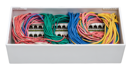A top down view of a white box filled with various colored wires and a network switch inside of it