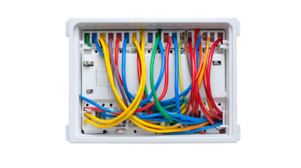 A close up view of a white electrical box with colorful wires connected inside the electrical box