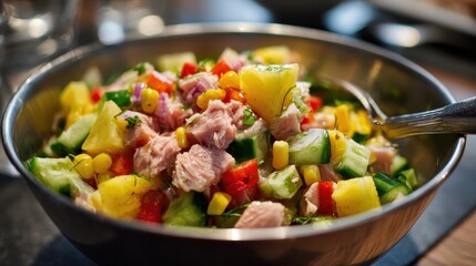 Bowl of tuna salad with corn, red pepper, cucumber, and pineapple chunks. Showcase healthy eating, restaurant menus, or summer recipe ideas.