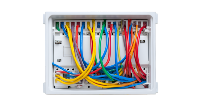 A close up view of a white electrical box with colorful wires connected inside the electrical box