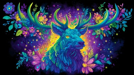 Reindeer Animal Portrait With Holly And Winter Flowers. Detailed Character Design In A Soft Pastel Watercolor Style. Vector Illustration Of A Caribou On A Dark Background For Christmas Art