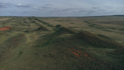 Aerial view of the Dolgye Mountain chain Orenburg Region, spring