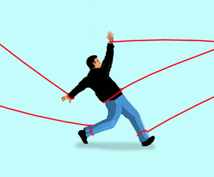 Illustration of a person entangled in red tape symbolizing bureaucracy and restrictions