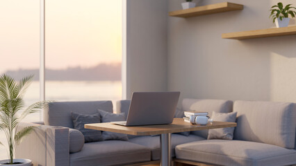 Laptop with books and headphone on wooden stool table beside grey fabric sofa set in cafe or office.