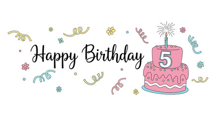 Cute Pink Birthday Cake with Number 5, Confetti, and Curls