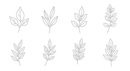 Eight Minimalist Gray Line Art Sprigs with Simple Leaves