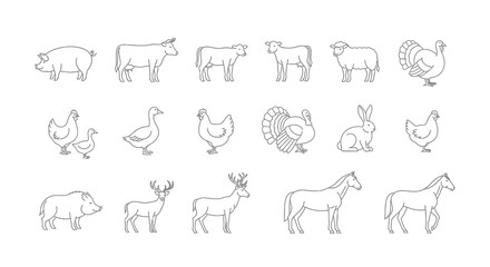Farm and Wild Animals Outline Icons Set: Pig, Cow, Sheep, Horse, Deer © Basecamp