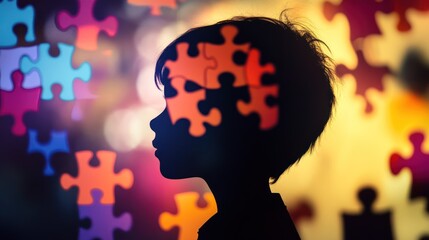 Silhouette of a child with puzzle pieces representing cognitive development