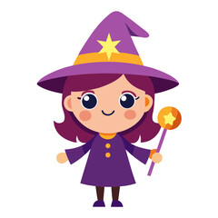 Cute Cartoon Witch Girl Clipart with Wand and Hat in Colorful Vector Style