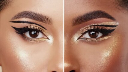 Creative eye makeup techniques showcased in a beauty tutorial featuring bold eyeliner and shimmering accents