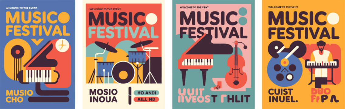 Vibrant Music Festival Illustration with Musicians, Drums, Synthesizer, Cello, Tape Recorder, and Dancing Crowd for Concert, Party, or Event Poster and Flyer Background Template.
- Powered by Adobe
