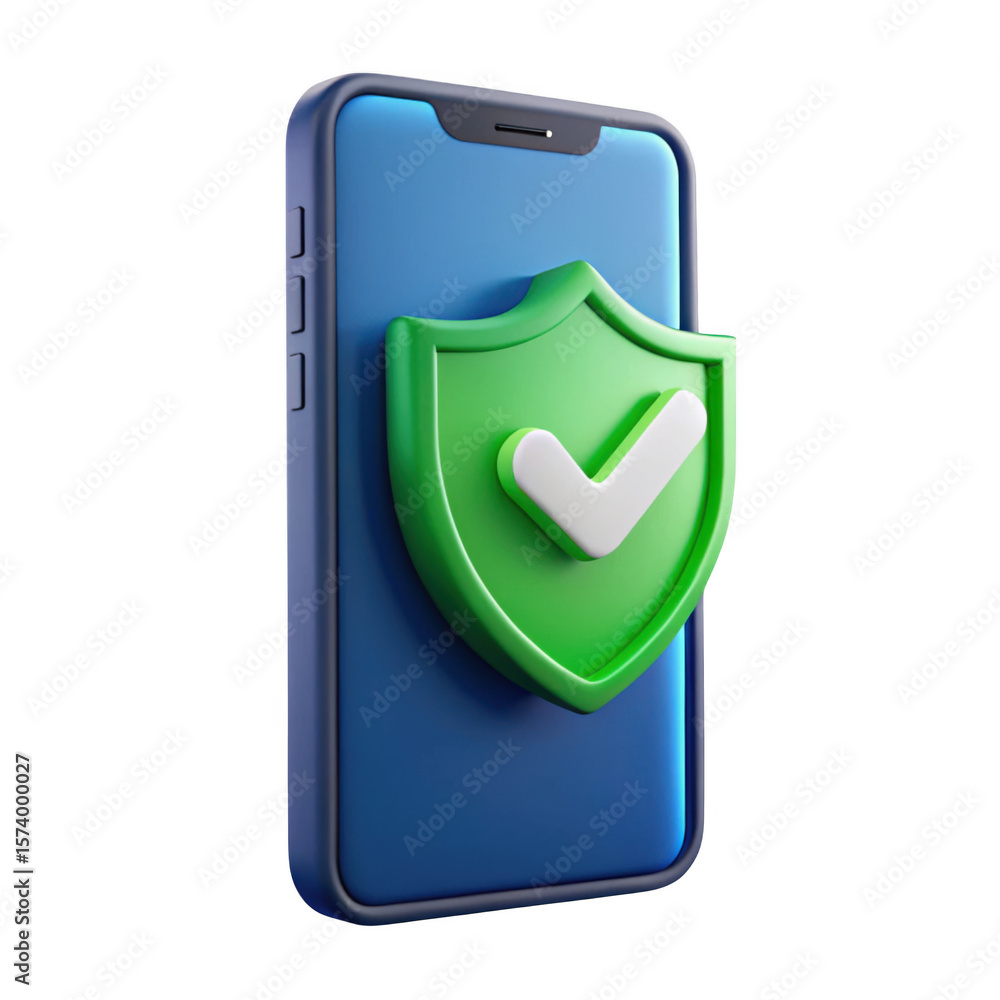 Poster 3d rendered smartphone with a green shield and checkmark icon isolated on transparent background