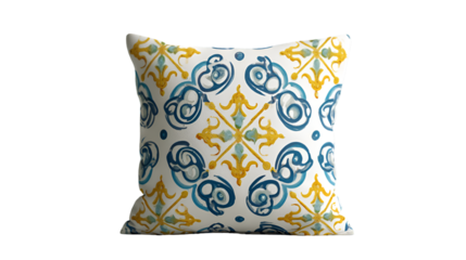 A square decorative pillow with a white background and a blue and yellow ornate pattern design on it