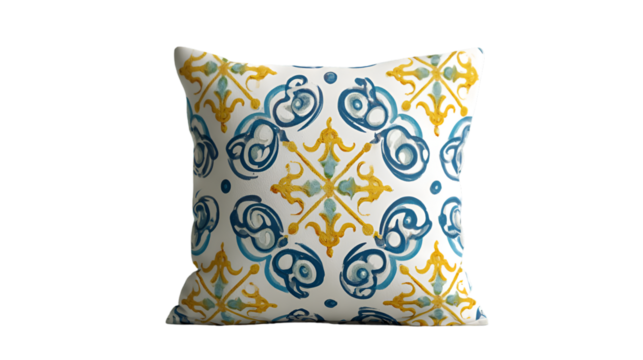 A square decorative pillow with a white background and a blue and yellow ornate pattern design on it - Powered by Adobe
