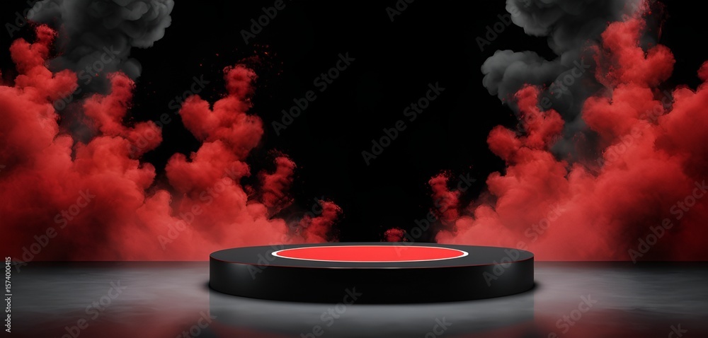 Poster a bold stage setting with dynamic red and grey smoke set against a dark mysterious backdrop.