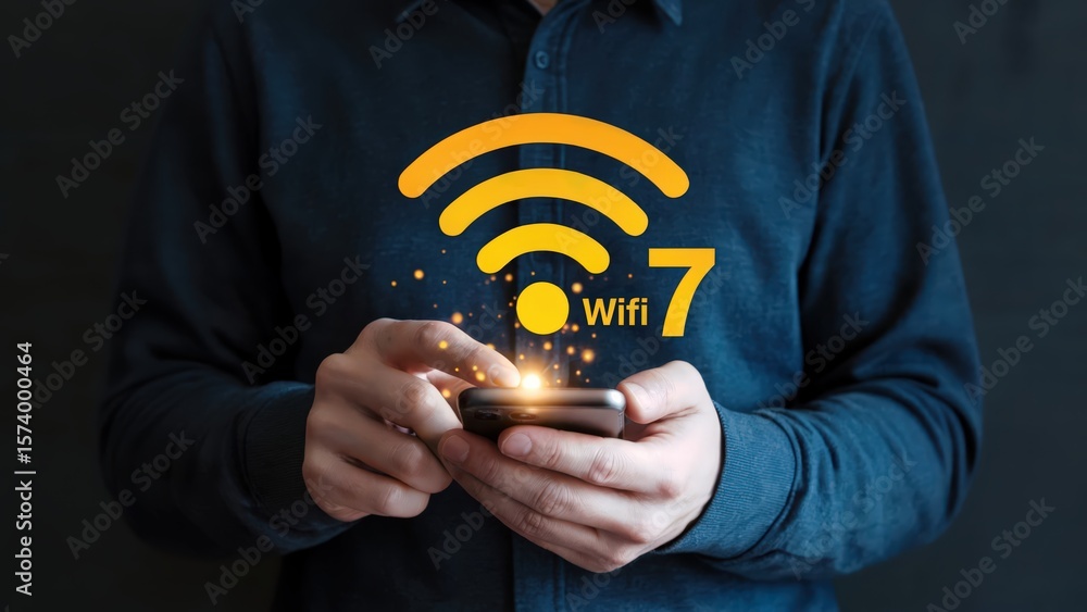 Poster connecting to the latest wifi 7 on mobile device for faster internet experience.