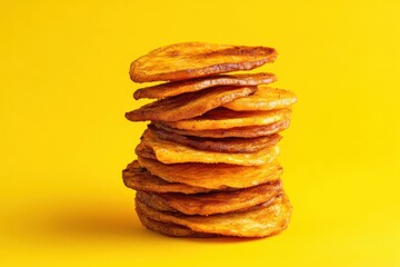 A stack of homemade sweet potato chips against a bright yellow background in studio lighting