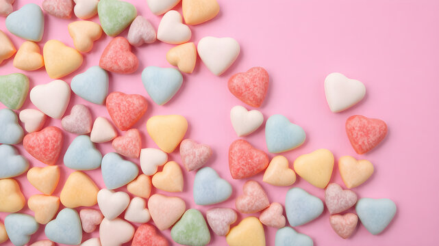 Colorful heart-shaped candies scattered on pink background for Valentine's Day and festive occasions - Powered by Adobe