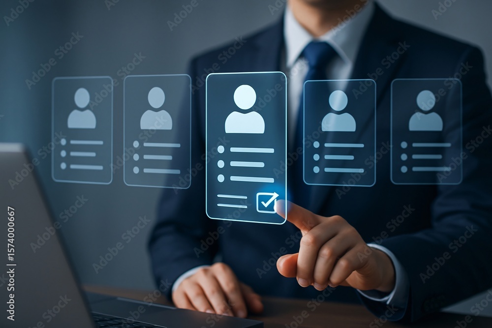 Poster businessman selects a candidate profile from a digital interface with a checkmark