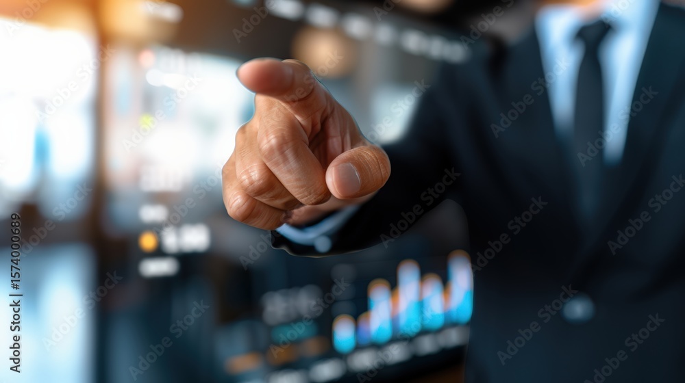 Poster business executive analyzing data trends in a modern office environment interactive display professi