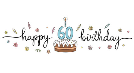 Whimsical 60th Birthday Cake with Candle and Floral Accents Illustration